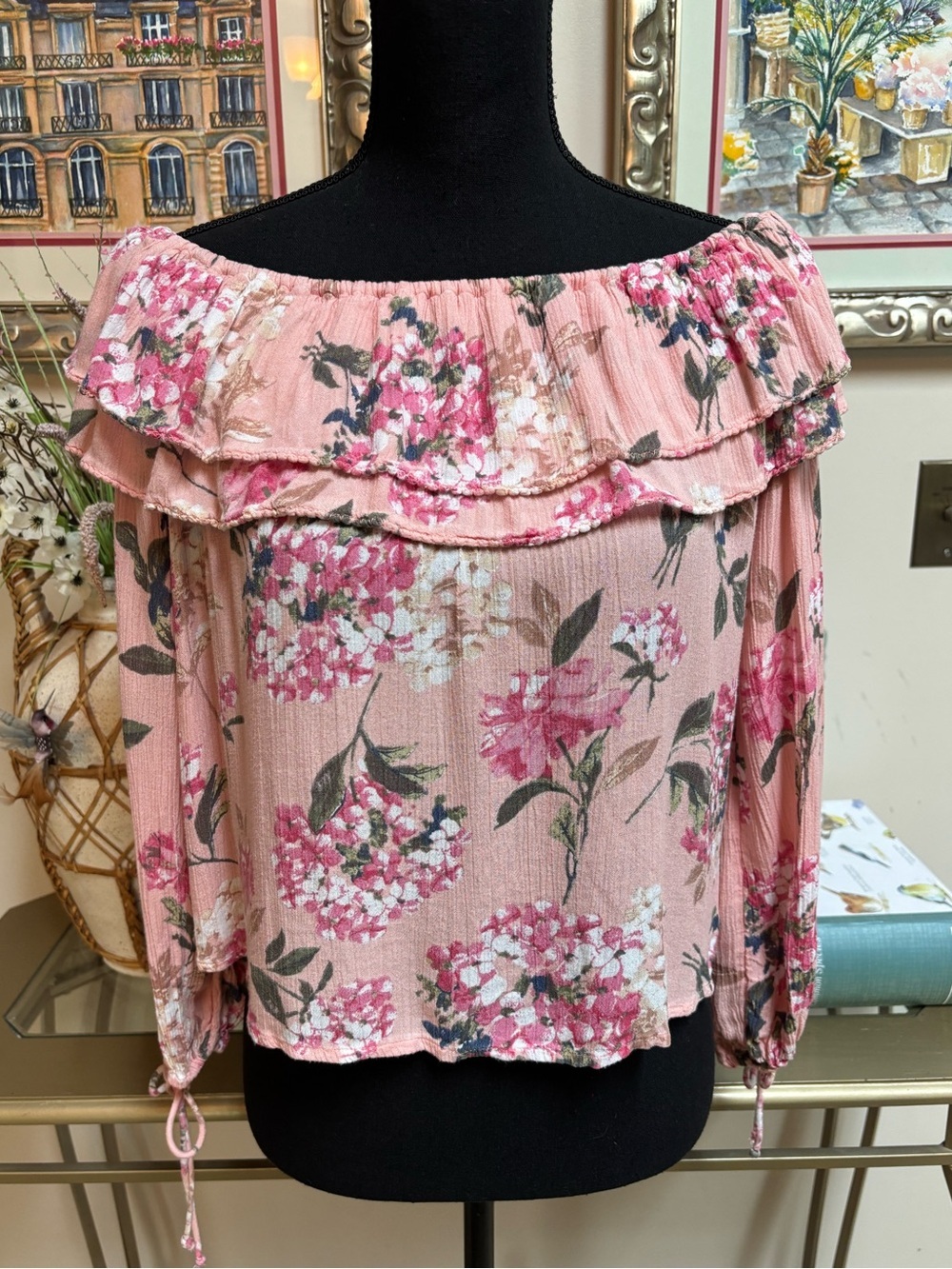 Abercrombie & Fitch Pink Floral Off-Shoulder Ruffle Crop Top Size XS-S